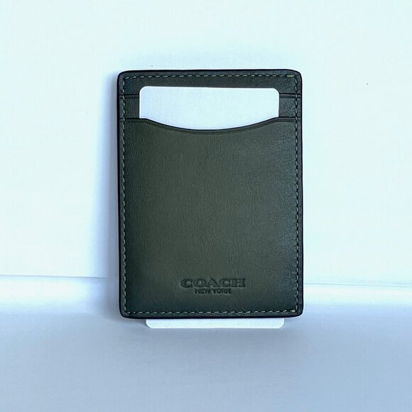 Coach Money Clip Card Case Mens Army Green Leather C6702 Wallet Compact - Picture 7 of 9